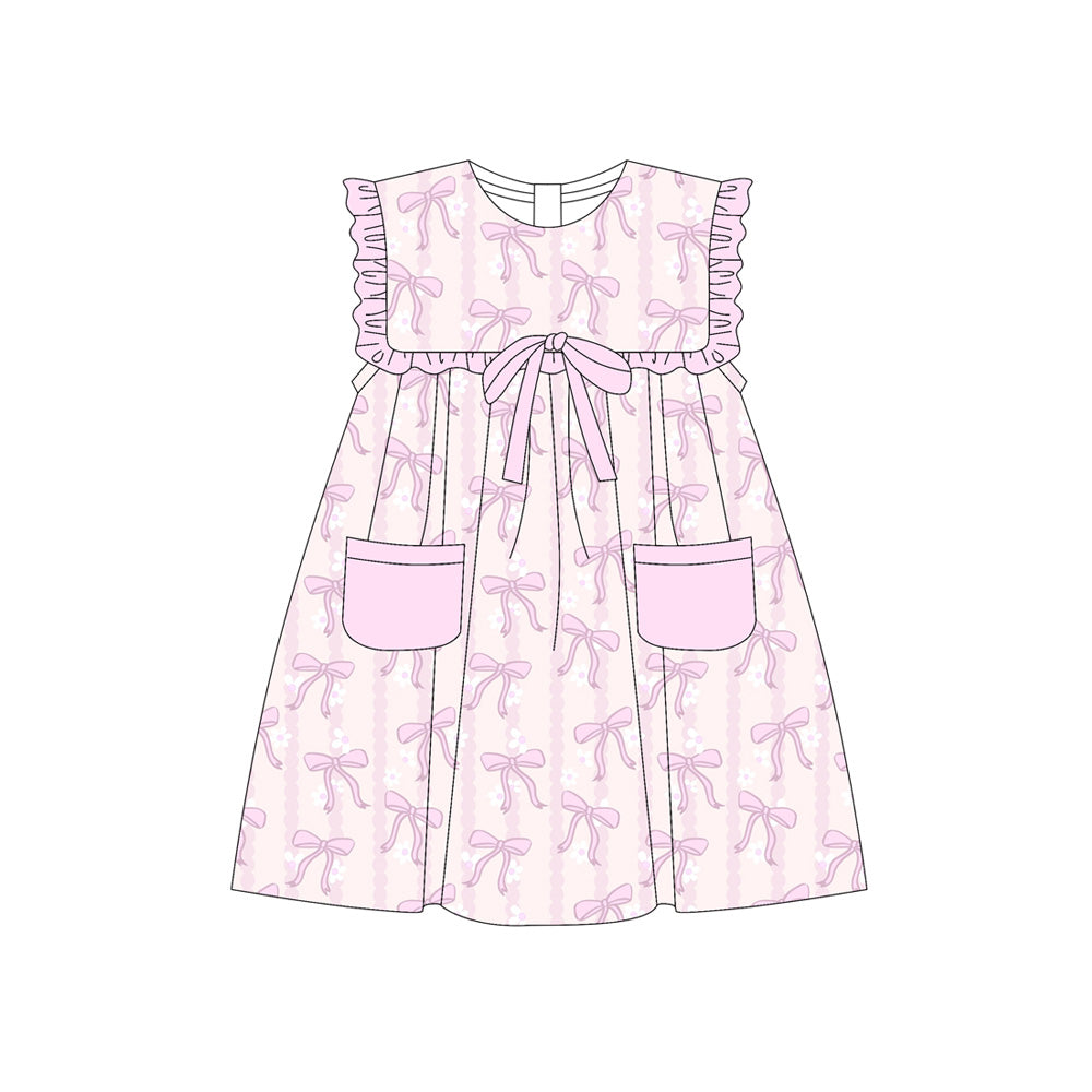 Preorder (moq 5)Baby Girls Sleeveless Pink Bows Stripe Pockets Knee Length Dresses