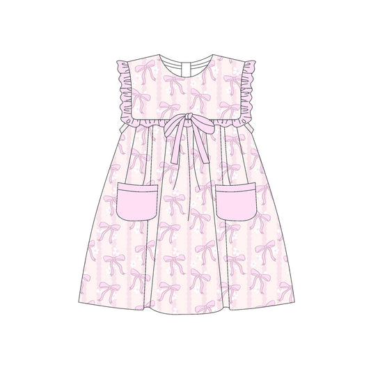 Preorder (moq 5)Baby Girls Sleeveless Pink Bows Stripe Pockets Knee Length Dresses