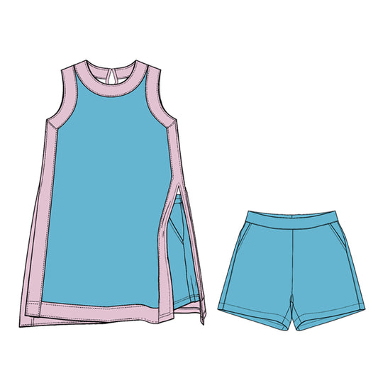 Preorder (moq 5)Adult Women Pink Blue Split Skirt Pockets Short Clothes Sets