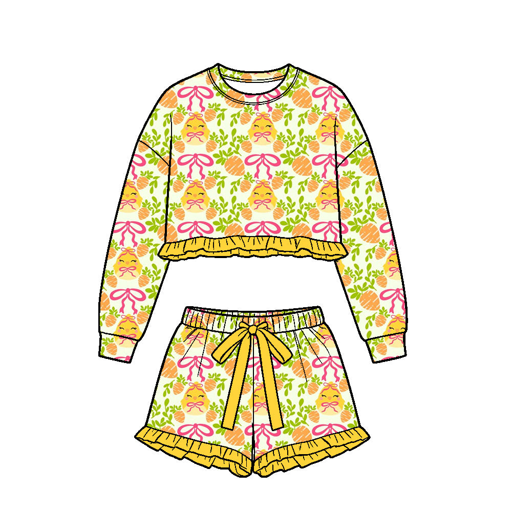 Preorder (moq 5) Baby Girl Clothes Easter Chick Egg Bow Leaf Print Long Sleeve Ruffle Crop Top Shorts Outfit Set