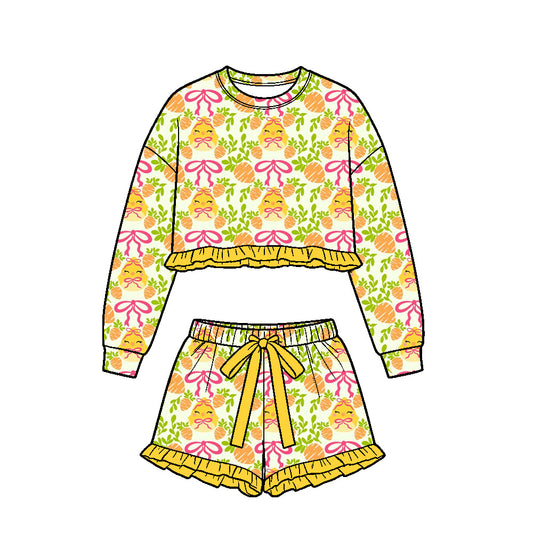 Preorder (moq 5) Baby Girl Clothes Easter Chick Egg Bow Leaf Print Long Sleeve Ruffle Crop Top Shorts Outfit Set