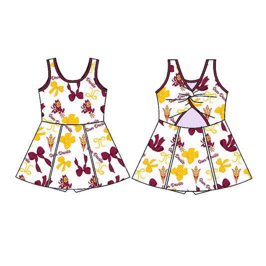Preorder (moq 5)Baby Girls Red Sleeveless Sun Devils Bows Plaid Shorts Team Knee Length Dresses