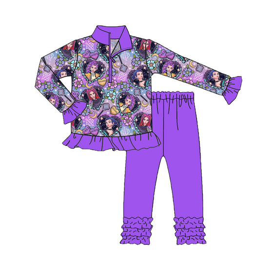 Preorder (moq 5)Baby Girls Purple Hearts Demon Hunter Zipper Pullovers Ruffle Leggings Clothes Sets
