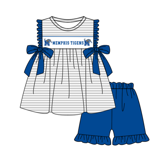 Preorder (moq 5)Baby Girls Memphis Tigers Bows Stripe Tunic Ruffle Shorts Team Clothes Sets