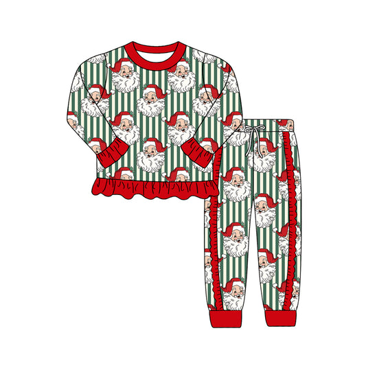Preorder (moq 5)Baby Girls Green Stripe Santa Ruffle Top Jogger Christmas Clothes Set