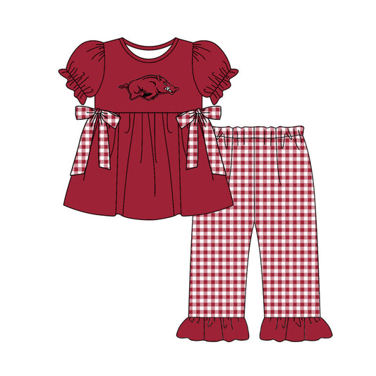 Preorder (moq 5)Baby Girls Red Bulls Bows Tunic Checked Ruffle Pants Team Clothes Sets