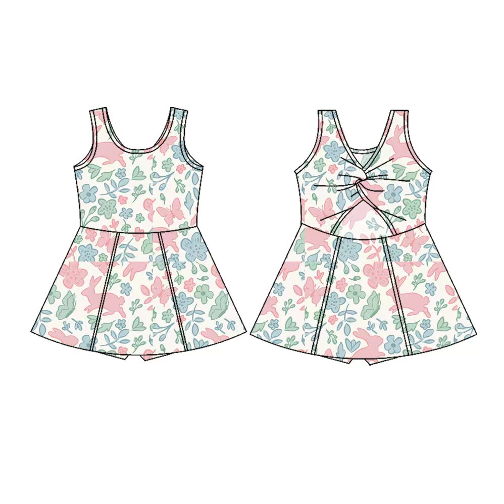 Preorder(moq 5) Baby Girls Sleeveless Rabbits Flowers Butterfly Easter Shorts Knee Length Dresses