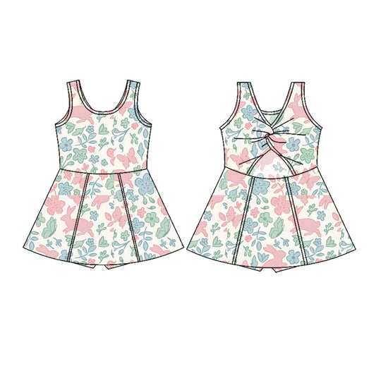 Preorder(moq 5) Baby Girls Sleeveless Rabbits Flowers Butterfly Easter Shorts Knee Length Dresses