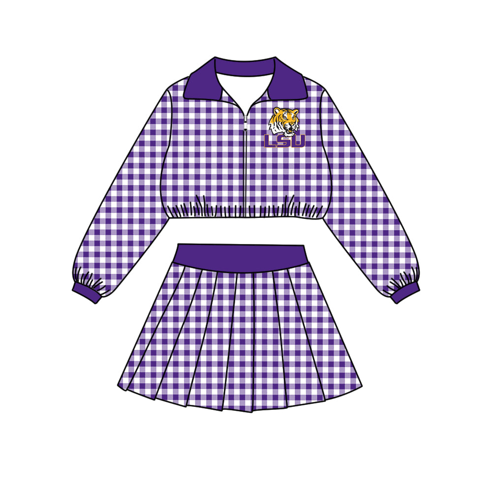 Preorder (moq 5) Girls’ Team Purple Plaid Collared Long-Sleeve Zip-Up Jacket & Matching Pleated Skirt 2-Piece Set