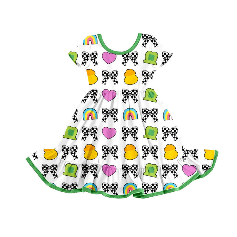 Preorder(moq 8)Baby Girls Short Sleeve Hearts Bows Hats St Patrick Ruffle Knee Length Dresses