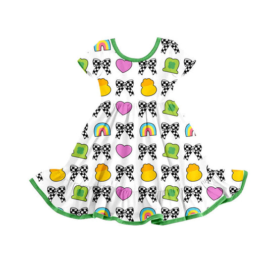 Preorder(moq 8)Baby Girls Short Sleeve Hearts Bows Hats St Patrick Ruffle Knee Length Dresses