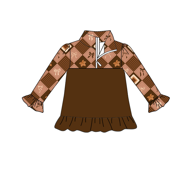 Preorder (moq 5)Baby Girls Bows Leaves Checked Long Ruffle Sleeve Zip Pullovers Top