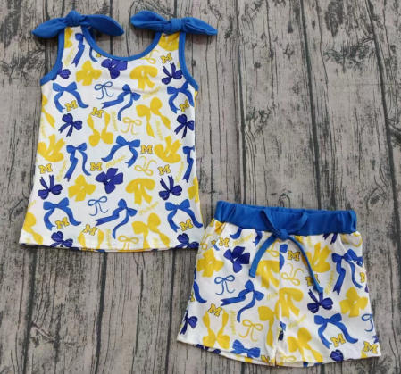 Preorder (moq 5)Baby Girls Blue Yellow Bows M Top Shorts Team Clothes Sets