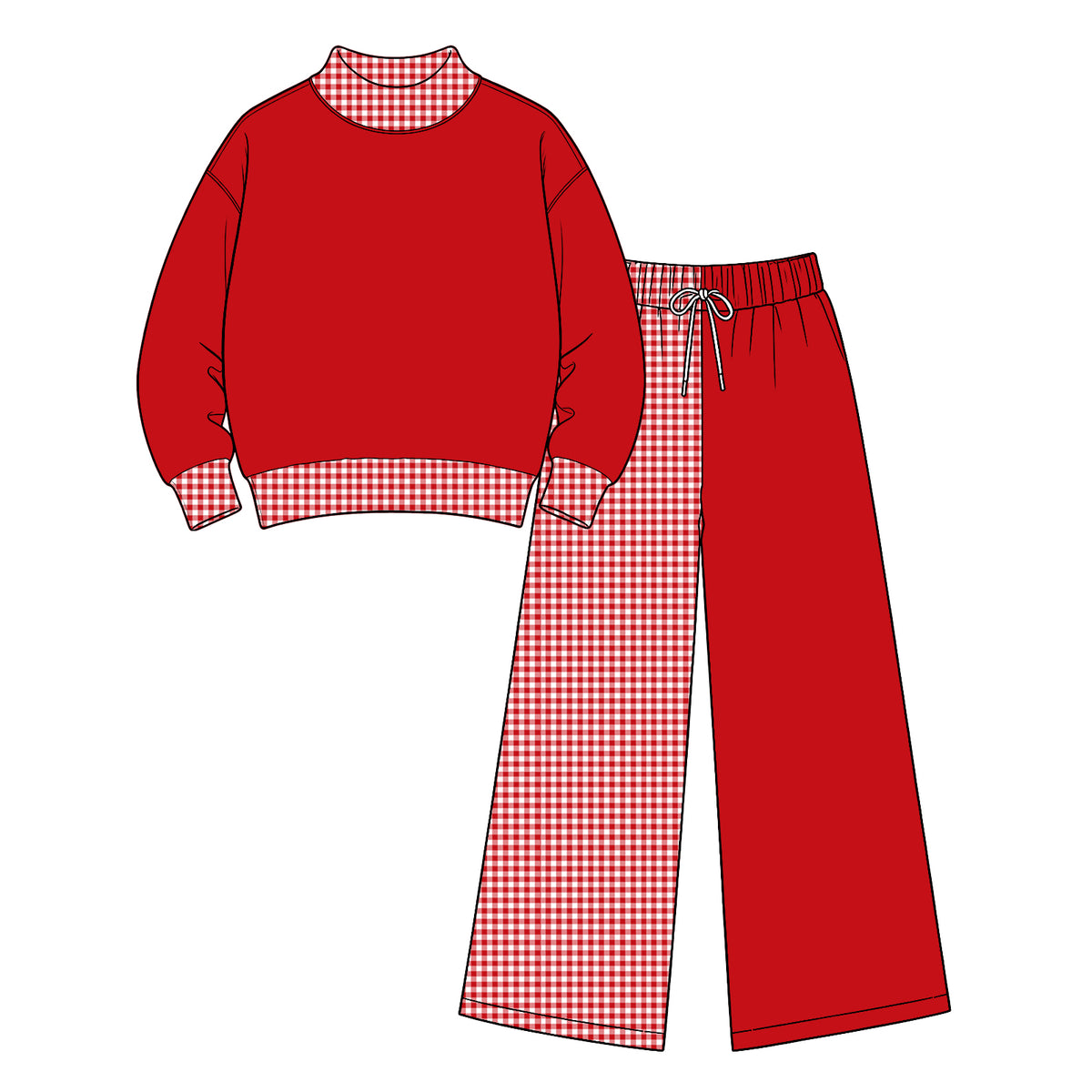 Preorder (moq 5) Baby Girl Clothes Solid Red Gingham Contrast Print Long Sleeve Wide Leg Pant Boutique Outfit Set