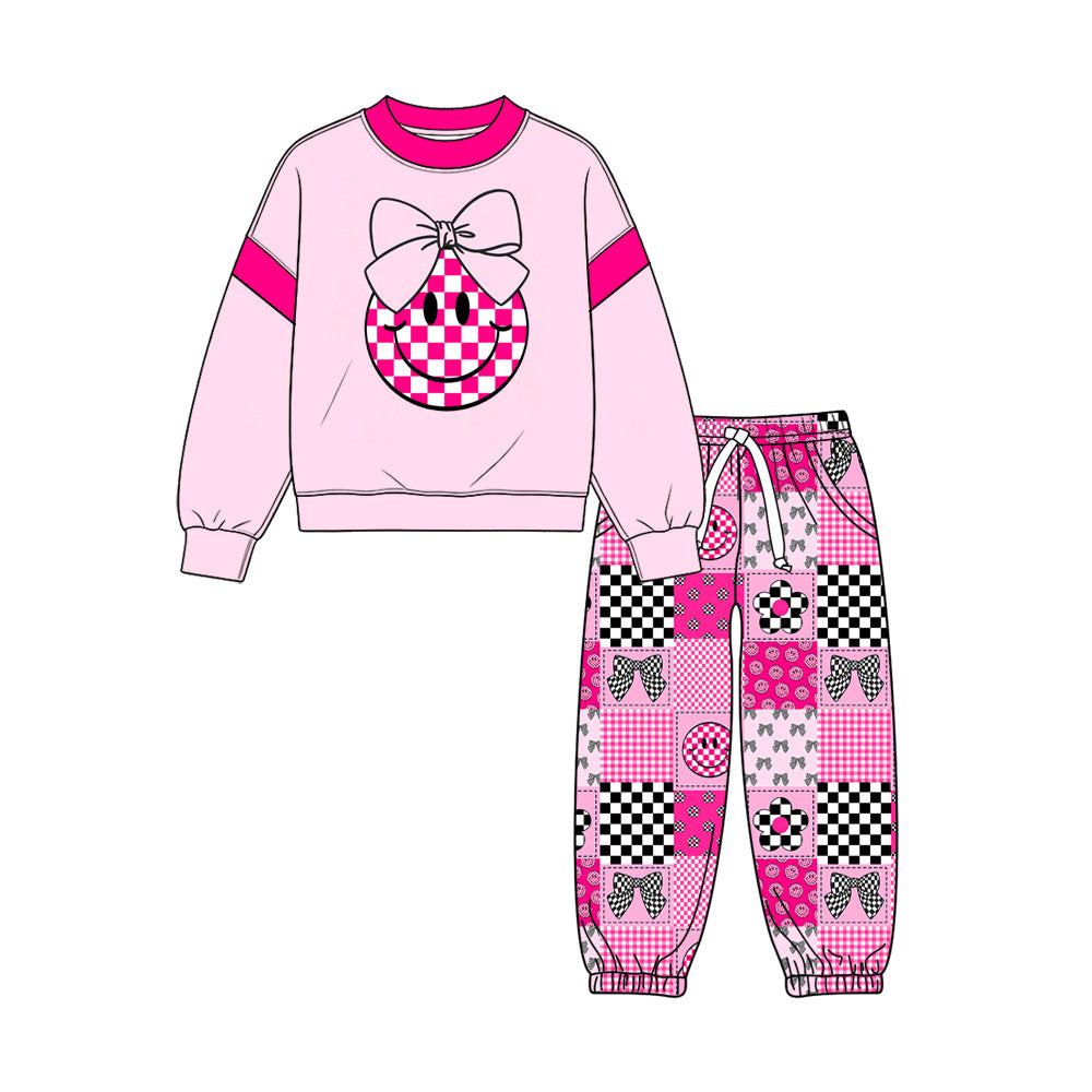 Preorder (moq 5) Baby Girl Clothes Pink Check Smile Bow Floral Mixed Print Long Sleeve Sweatshirt Jogger Pant Set