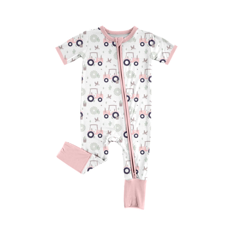 Preorder (moq 5)Baby Girls Short Sleeve Chicks Trucks Farm Two Way Zip Convertible Rompers