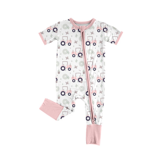 Preorder (moq 5)Baby Girls Short Sleeve Chicks Trucks Farm Two Way Zip Convertible Rompers