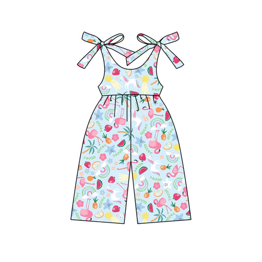 Preorder (moq 5)Baby Girls Blue Strap Floral Flamingos Jumpsuits