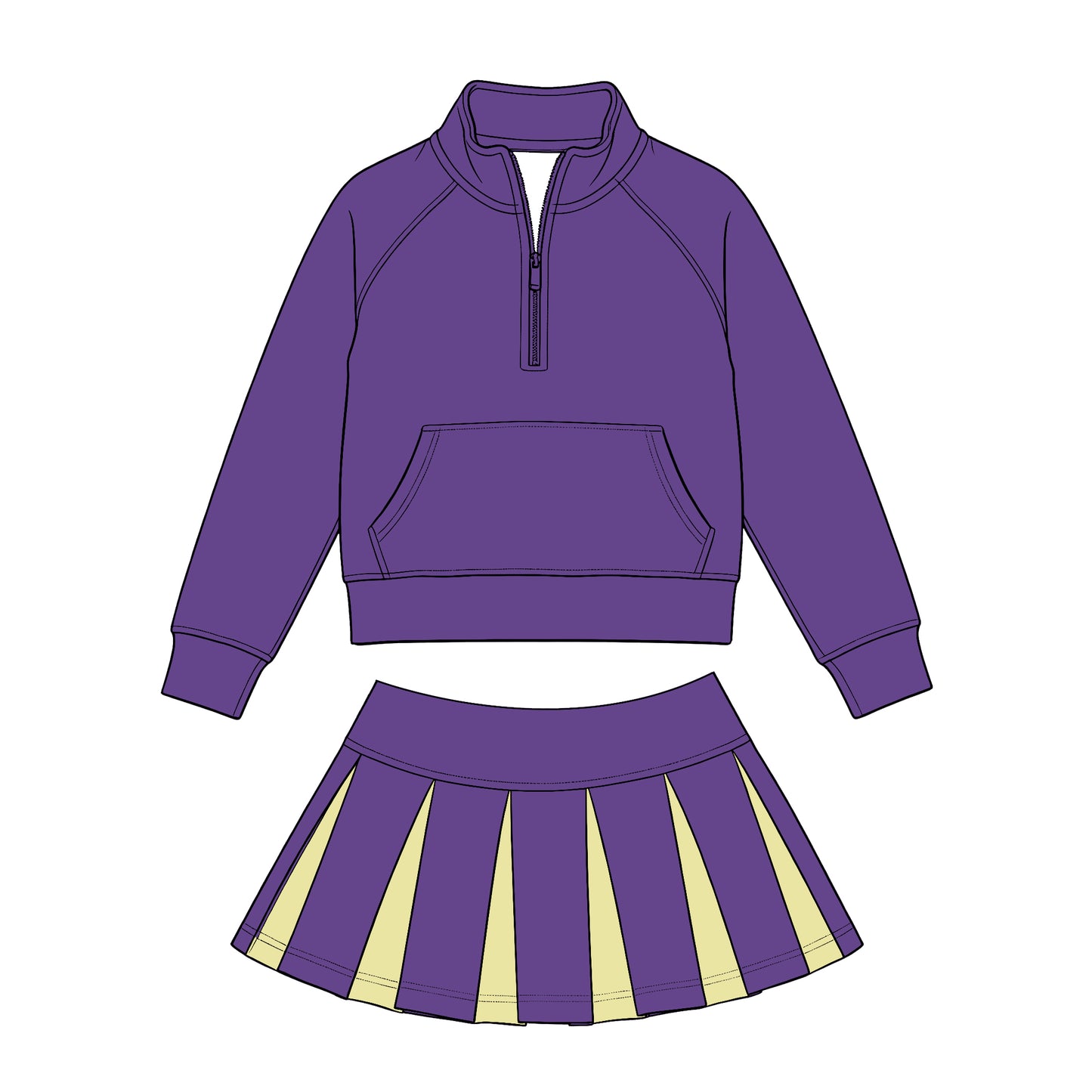 Preorder (moq 5) Baby Girls Purple Zip Pockets Pullovers Yellow Pleated Skirt Short Clothes Sets