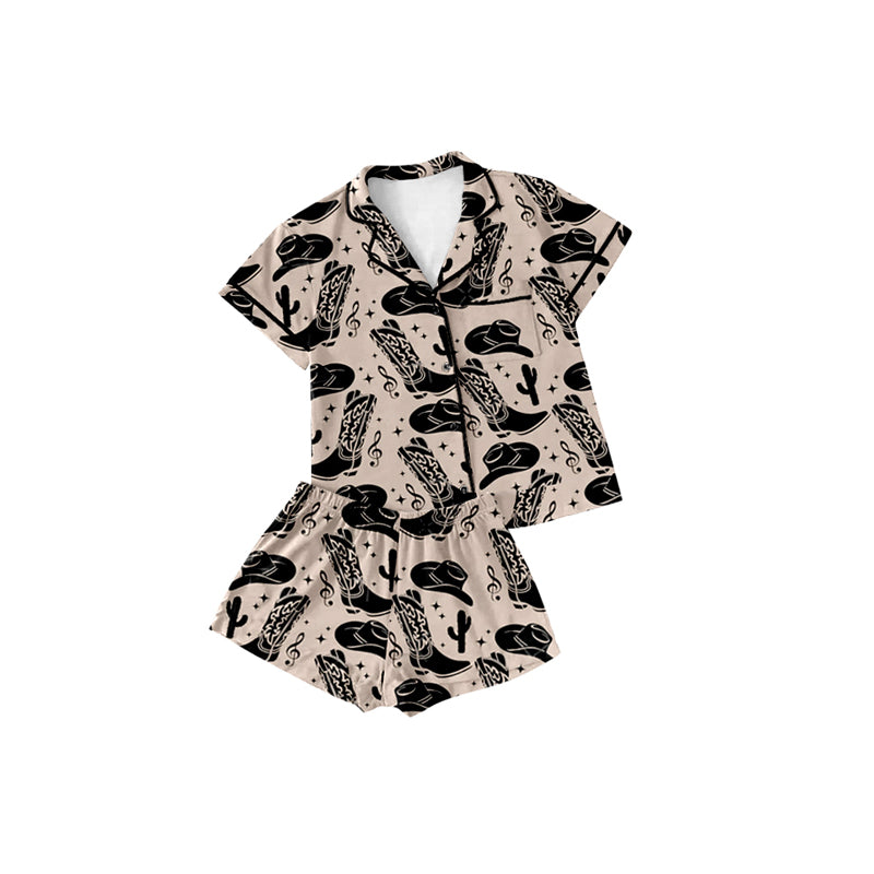 Preorder (moq 5)Baby Girls Black Boots Hats Buttons Pocket Top Shorts Pajamas Sets