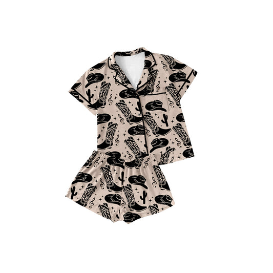 Preorder (moq 5)Baby Girls Black Boots Hats Buttons Pocket Top Shorts Pajamas Sets