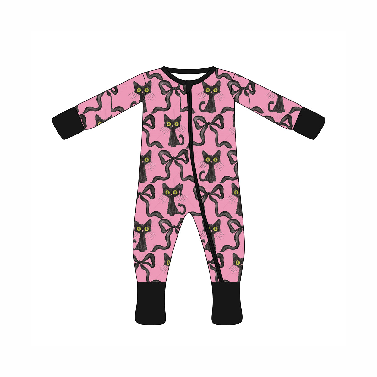 Preorder moq 10 Baby Kids Pink Long Sleeves Cats Bows Zipper Pant Rompers