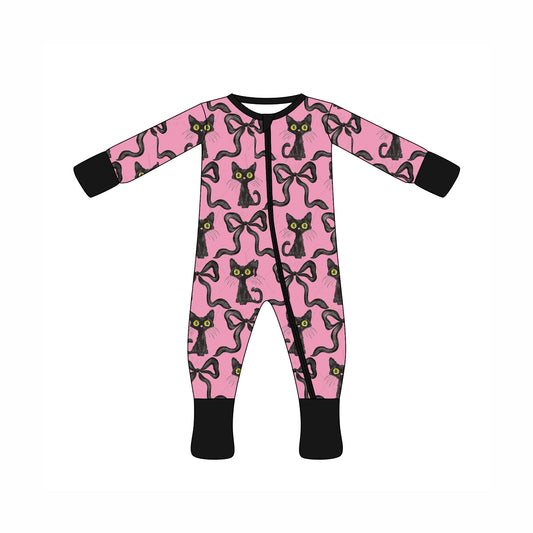 Preorder moq 10 Baby Kids Pink Long Sleeves Cats Bows Zipper Pant Rompers