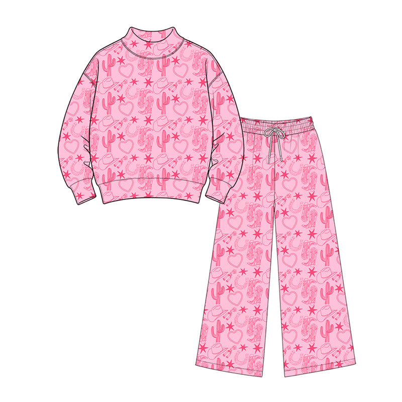 Preorder (moq5) Girls’ Pink Hat & Boot All-Over Print Corduroy Set, Mock Neck Long-Sleeve Top & Wide-Leg Pants, Fall 2-Piece Outfit
