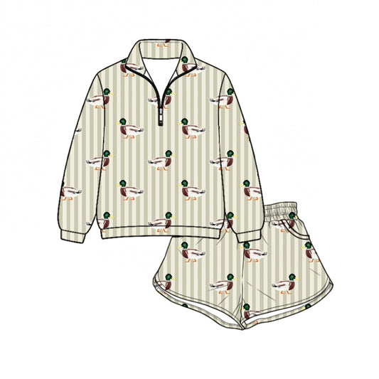 Preorder (moq 5)Baby Girls Green Stripe Ducks Zip Pullovers Pockets Short Hunting Set