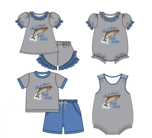 Preorder moq 5 (each item)Baby Kids Life is Short Fish Hard Top Shorts Hunting Clothes Sets Rompers