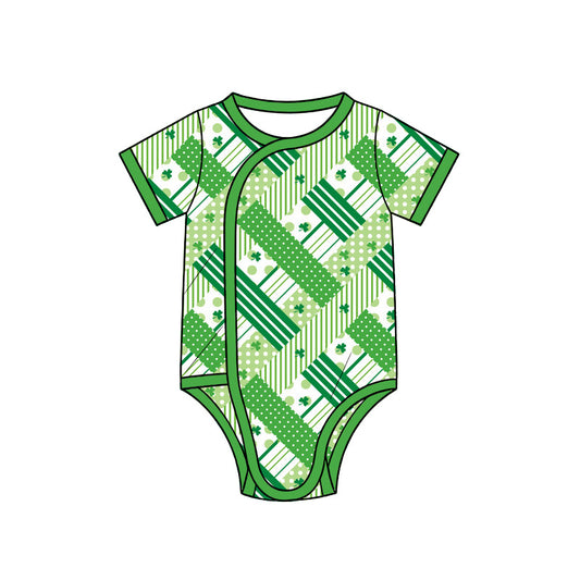 Preorder (moq 5) Baby Girl Clothes St Patricks Clover Plaid Dot Patchwork Print Short Sleeve Side Snap Romper