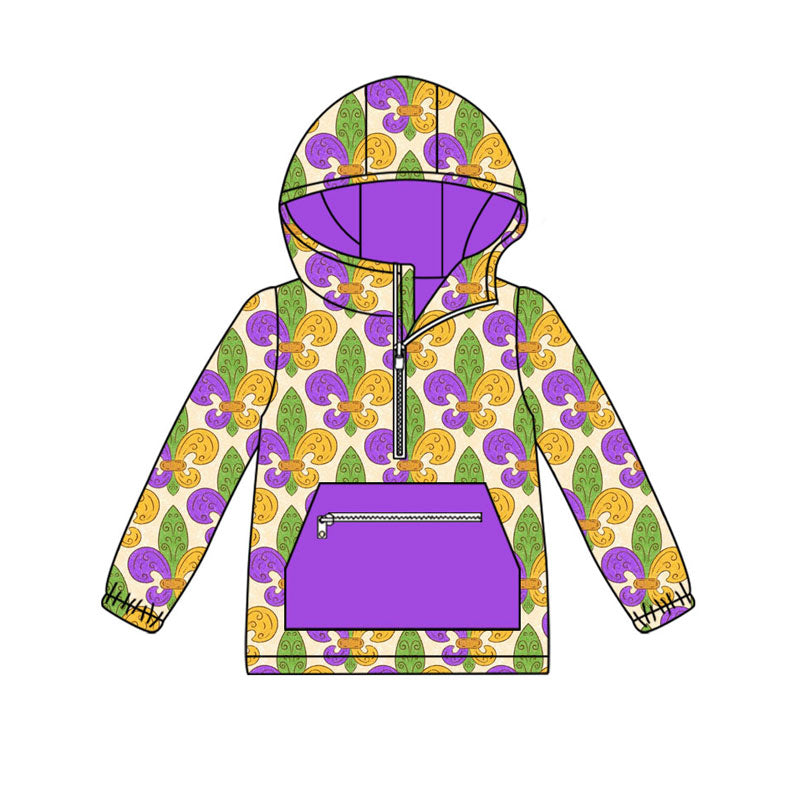 Preorder (moq 5)Baby Boys Purple Yellow Green Pocket Zipper Mardigras Hoodies Top