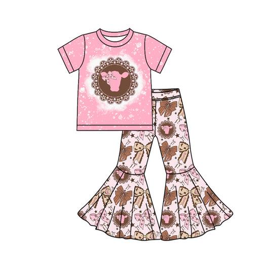 Preorder (moq 5)Baby Girls Pink Highland Cows Bows Top Bell Bottom Pants Western Clothes Sets
