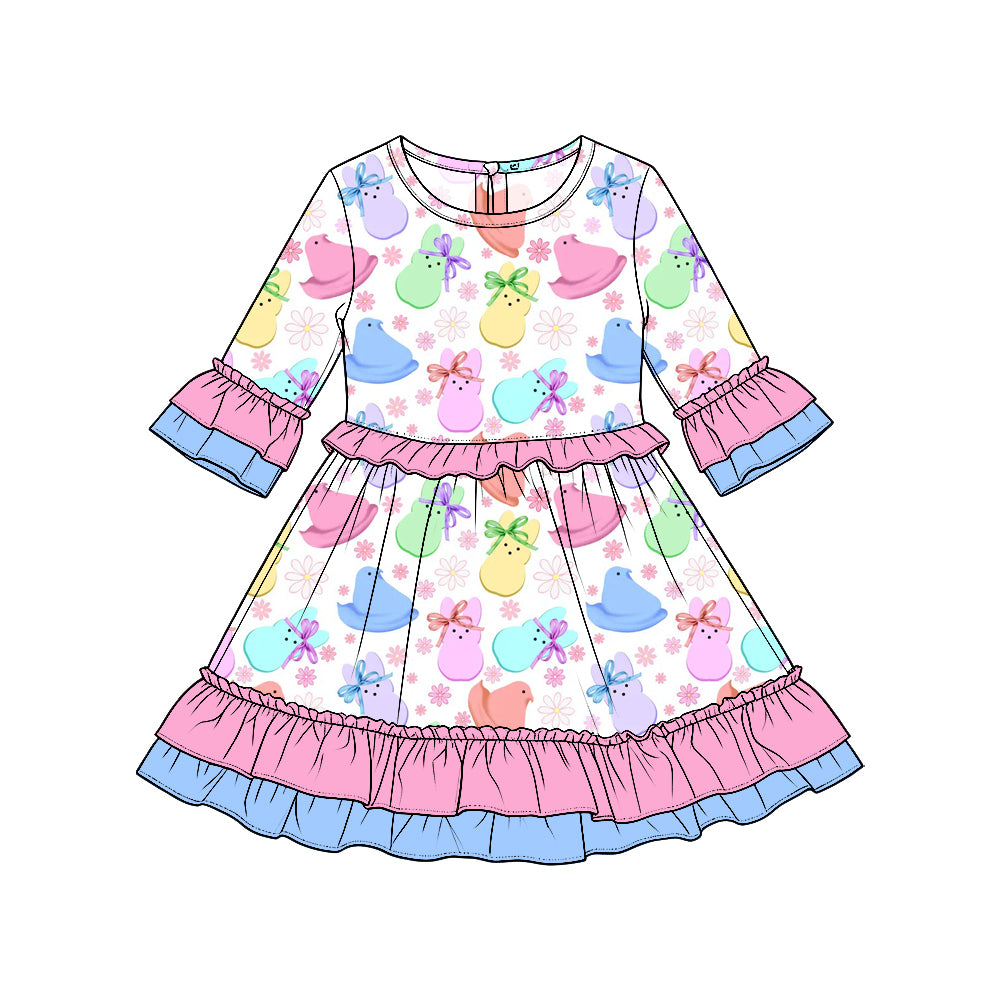 Preorder moq5  Girls’ Easter Bunny Floral Dress, Colorful Cute Rabbit Print with Bow & Ruffle Trim, Adorable Spring Holiday Outfit