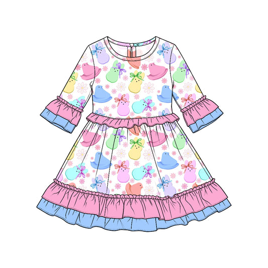 Preorder moq5  Girls’ Easter Bunny Floral Dress, Colorful Cute Rabbit Print with Bow & Ruffle Trim, Adorable Spring Holiday Outfit