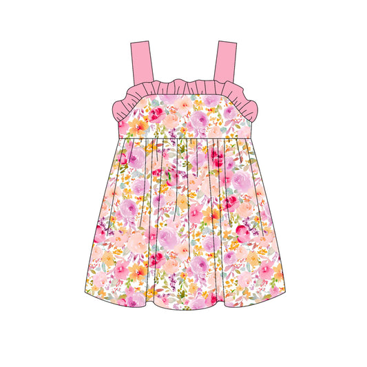 Preorder (moq 5)Baby Girls Pink Strap Floral Knee Length Dresses