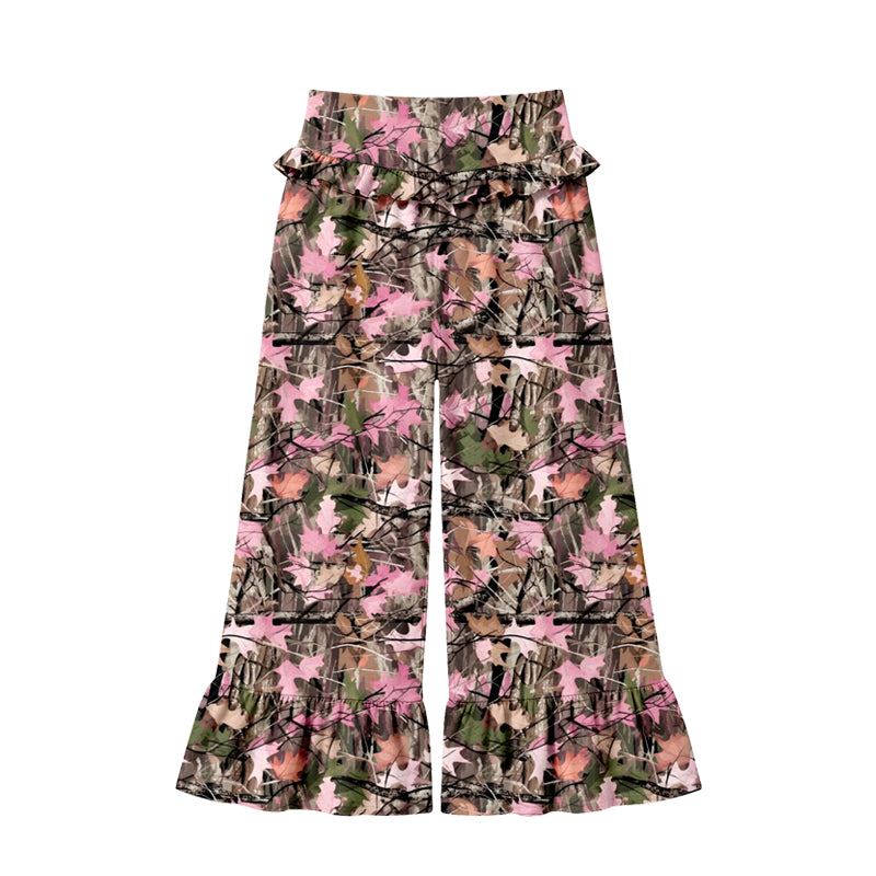 Preorder (moq 5) Women Clothes Pink Maple Leaf Camo Print High Waist Ruffle Hem Wide Leg Pants