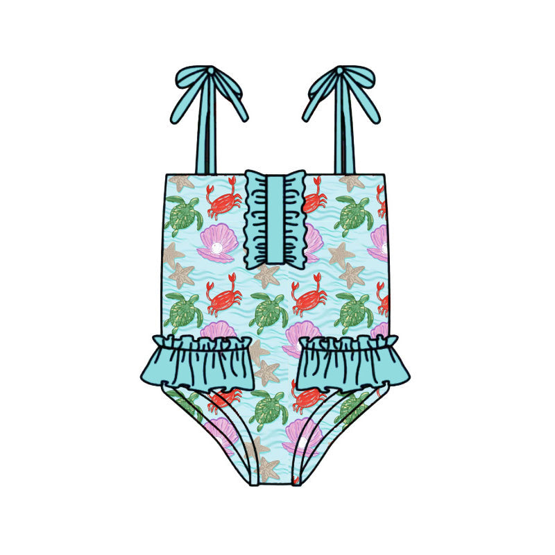 Preorder (moq 5)Baby Girls Strap Sea World Button Bummies Swimsuits