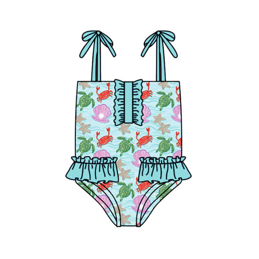 Preorder (moq 5)Baby Girls Strap Sea World Button Bummies Swimsuits