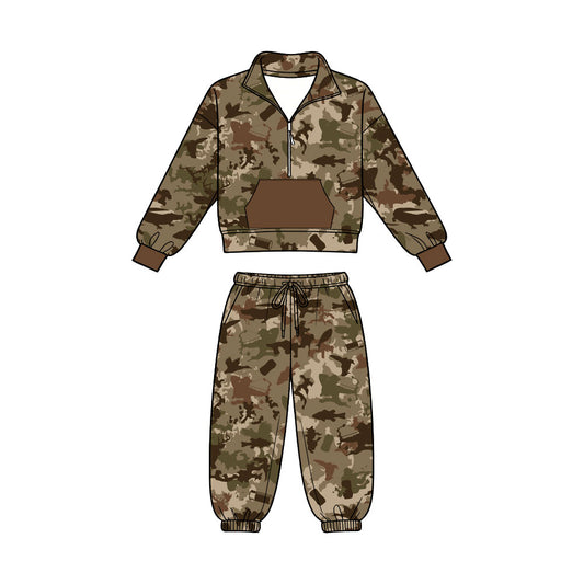 Preorder (moq 5)Baby Boys Dogs Ducks Camo Zip Pocket Pullover Joggers Hunting Clothes Set