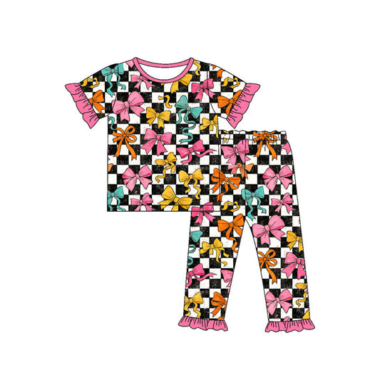 Preorder(moq 5) Baby Girls Black Checked Colorful Bows Top Ruffle Pants Pajamas Sets