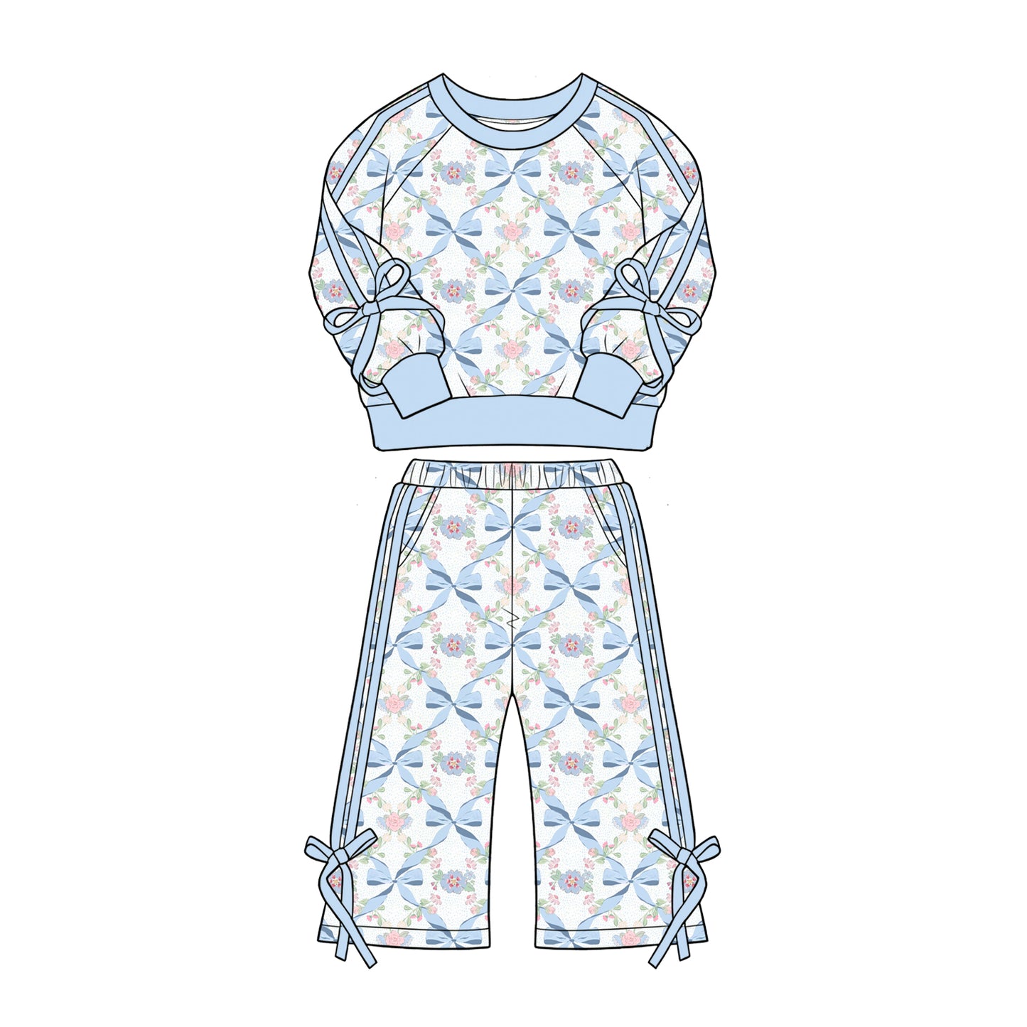 Preorder (moq 5)Baby Girls Bows Flowers Checked Top Flare Pockets Pant Clothes Sets