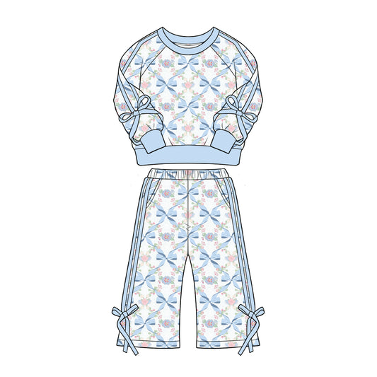 Preorder (moq 5)Baby Girls Bows Flowers Checked Top Flare Pockets Pant Clothes Sets