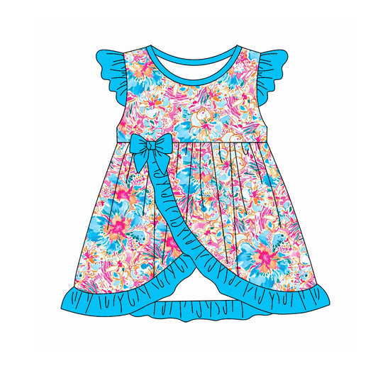 Preorder (moq 5)Baby Girls Blue Flowers Ruffles Knee Length Dresses