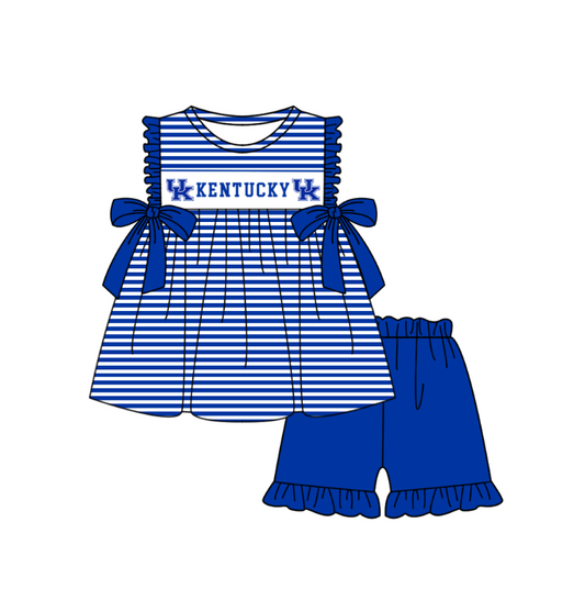 Preorder (moq 5)Baby Girls Hot Blue Sleeveless UK Stripe Tunic Ruffle Shorts Team Clothes Sets