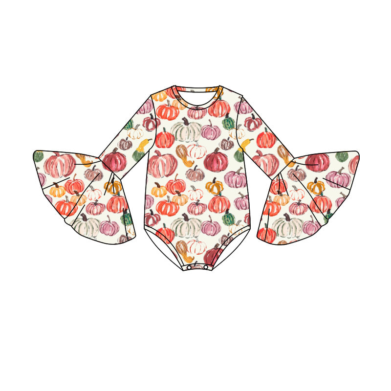 Preorder (moq 5)Baby Girls Bell Sleeve Colorful Pumpkins Fall Ruffle Rompers