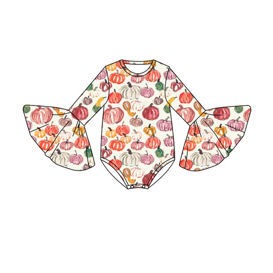 Preorder (moq 5)Baby Girls Bell Sleeve Colorful Pumpkins Fall Ruffle Rompers