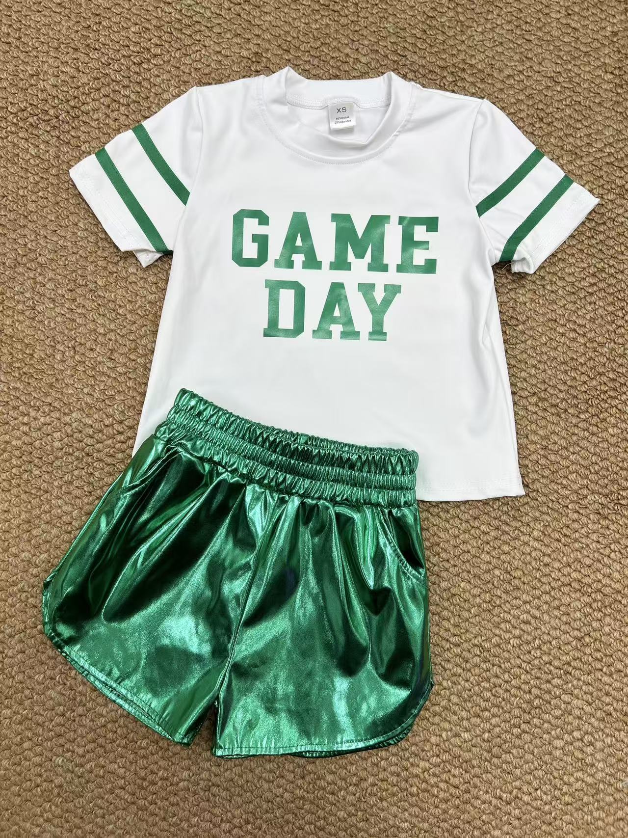 Baby Girls Vinyl Green Game Day Top Leather Shorts Team Active Set