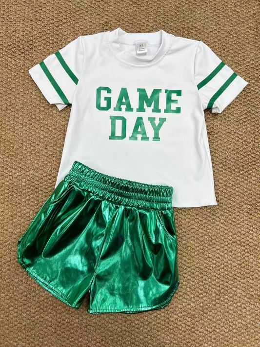 Baby Girls Vinyl Green Game Day Top Leather Shorts Team Active Set