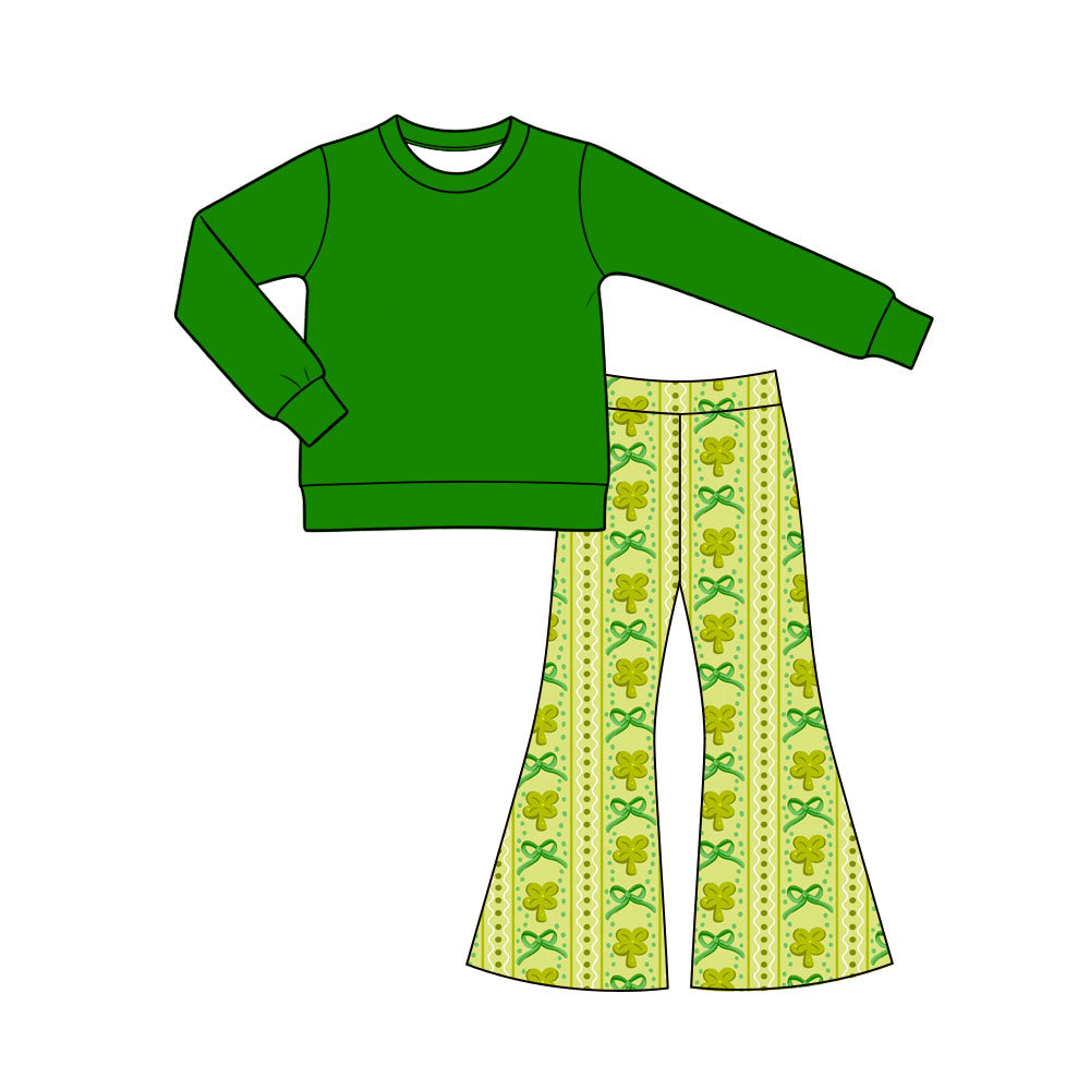 Preorder (moq 5) Baby Girl Clothes St Patrick's Day Dot Clover Bow Striped Print Long Sleeve Flare Pant Set